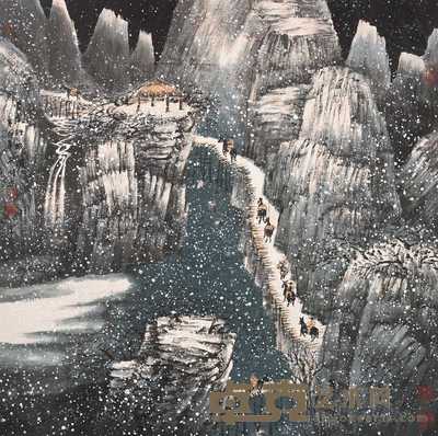 曾先国 雪夜行旅图 镜心 66×66cm
